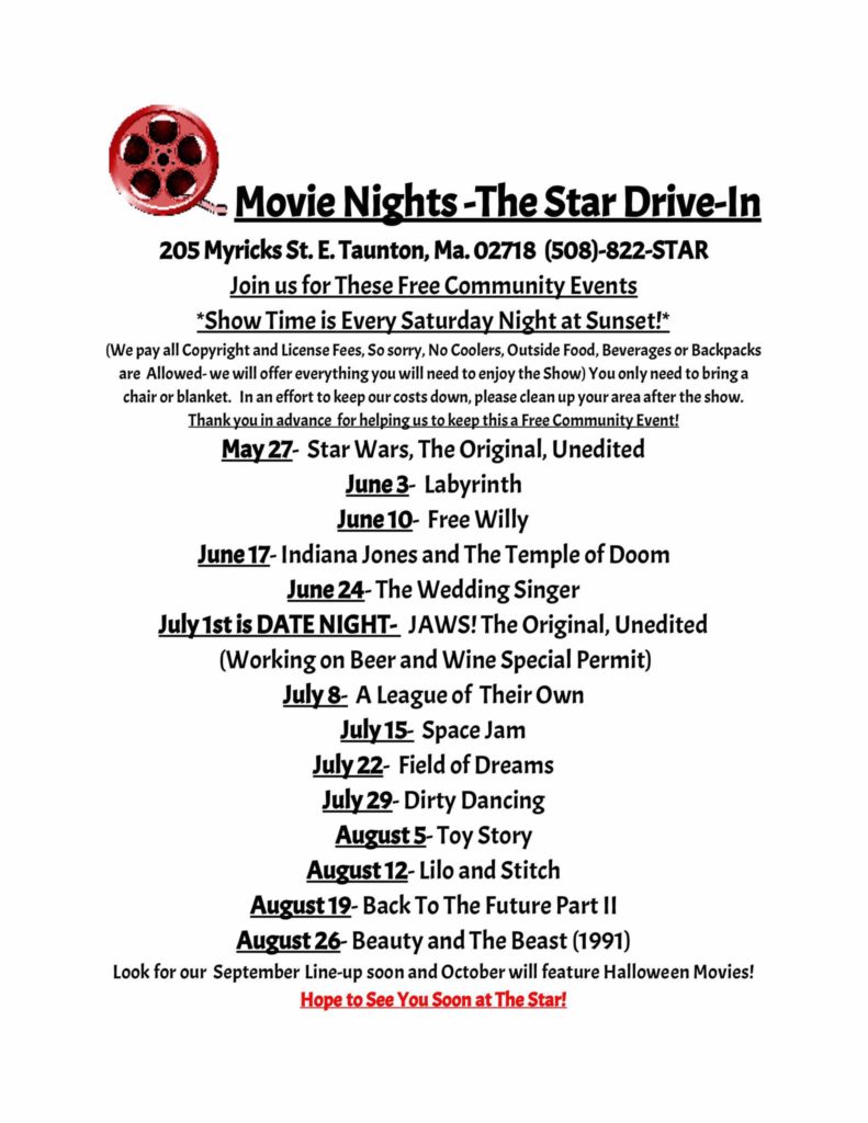 Movies Under the Stars Summer 2017 at the Stars Drive in Restaurant Taunton MA 