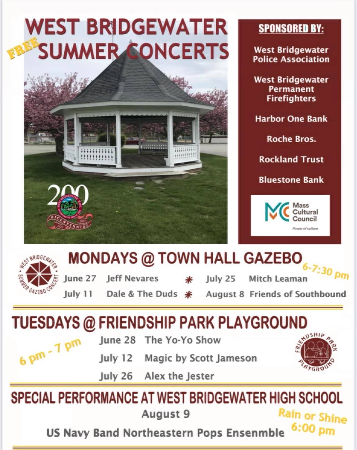 Free Outdoor Summer Concerts 2022 in West Bridgewater MA 365 things